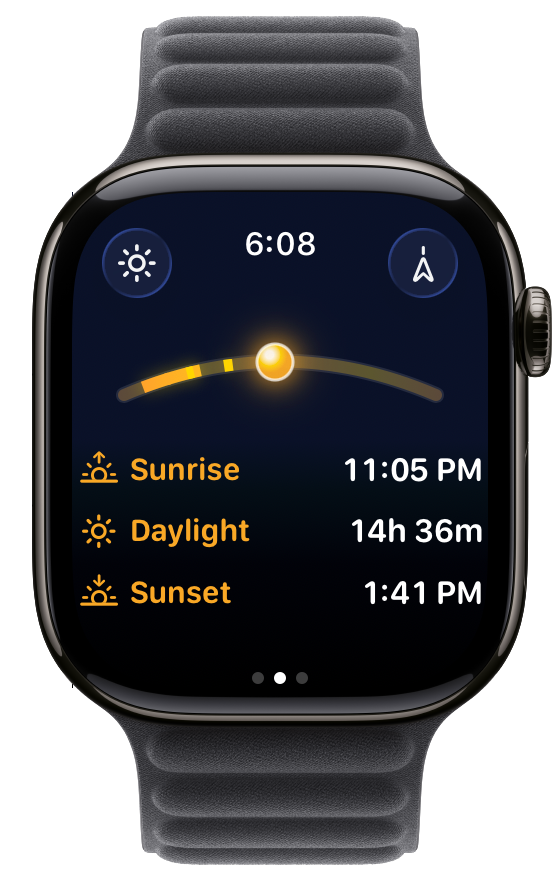 Daylight Goals on Apple Watch showing the Daylight Arc with sunrise, daylight, and sunset times